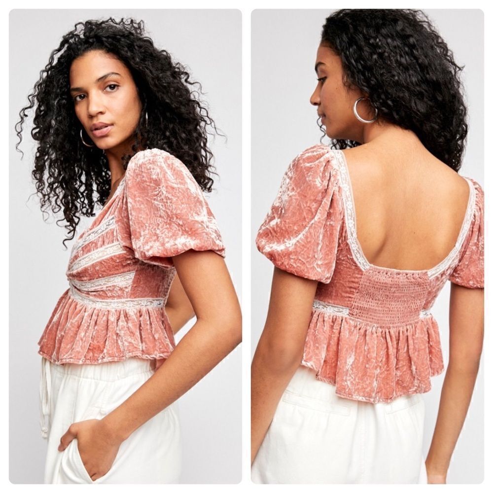 🆕 Free People Yours Truly Velvet Top NWTS! Pink Velvet & Ivory lace